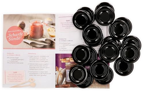 MamboCat 20er Set Deckel to 43, passend für 37 ml / 53 ml Gläser, schwarz lackiert, Schraubdeckel für Sturzgläser, mit Gummidichtung incl. GRATIS Diamant-Zucker Rezeptheft