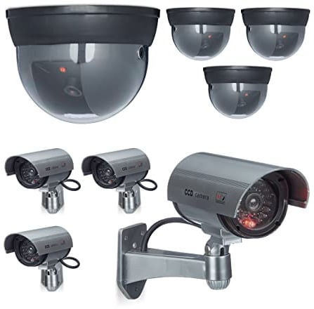 Relaxdays 8 x Kamera Attrappe im Sicherheits-Set, 4 Dome Kameras, 4 CCD-Kameras, Mit LED-Licht, Verstellbarer Kamerawinkel