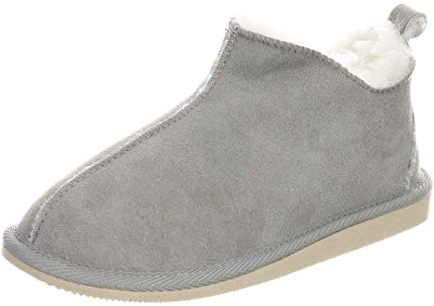 Hollert Herren Lammfell Hausschuhe Prinz Fellschuhe 100% Merino Schaffell für Wohlgefühl - warm, atmungsaktiv Schuhgröße EUR 46, Farbe Grau/Weiß