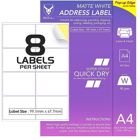 8 Etiketten pro A4-Blatt, 50 Blatt 400 Klebeetikett, bedruckbares Aufkleberpapier, iSOUL matt selbstklebend Adressversand Versand Porto Laser & Tintenstrahl Drucker kompatibel [QuickDry]