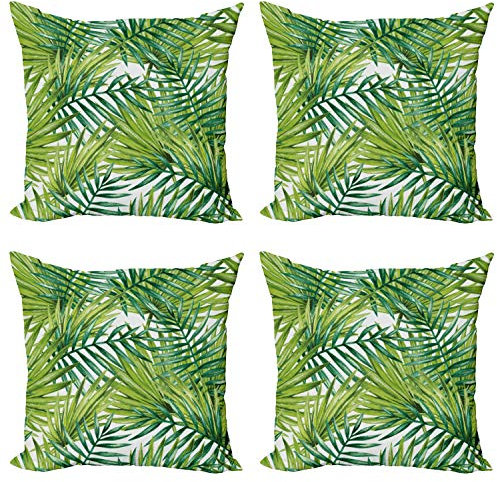 ABAKUHAUS Pflanze Dekokissen Kissenbezug 4er Pack, Bunte Illustration Natürliche, Modern Accent Doppelseitiger Digitaldruck, 45 x 45 cm, Lindgrün Farngrün