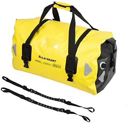 WILD HEART wasserdichte Reisetasche, 40 l 66 l, 100 l, mit Verschweißten Nähten, Schultergurten, Netztasche für Kajakfahren, Camping, Bootfahren, Fahrrad, Motorrad (100 l, Gelb mit Seil)