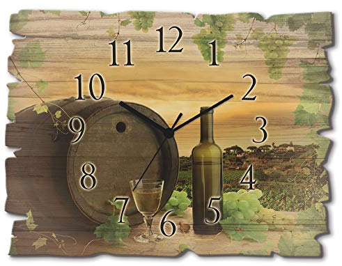 ARTLAND Wanddeko Wanduhr ohne Tickgeräusche aus Holz Funk Uhr lautlos 40x30 cm Rechteckig Küche Landschaft Natur Wein Obst Weintrauben U1UE