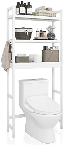SMIBUY Bathroom Storage Shelf, Bamboo Over-The-Toilet Organizer Rack, Freestanding Toilet Space Saver with 3-Tier Adjustable Shelves (White)