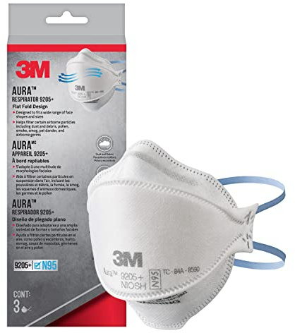 3M Aura Particulate Respirator 9205+ N95, Lightweight, 3 Panel Designed Helps Provide Comfortable and Convenient Respiratory Protection, 3-Pack