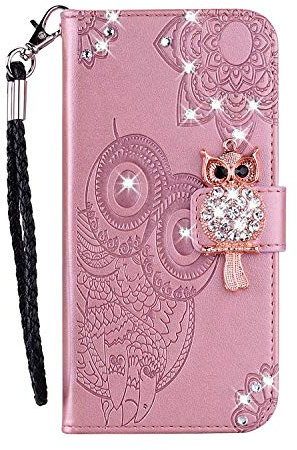 Draamvol for iPhone 11 Case Leather Protective Flip Wallet Card Slots Folio Bumper with Bling Owl Magnetic Clasp Kickstand Cover for iPhone 11 Phone Case,Rose Gold