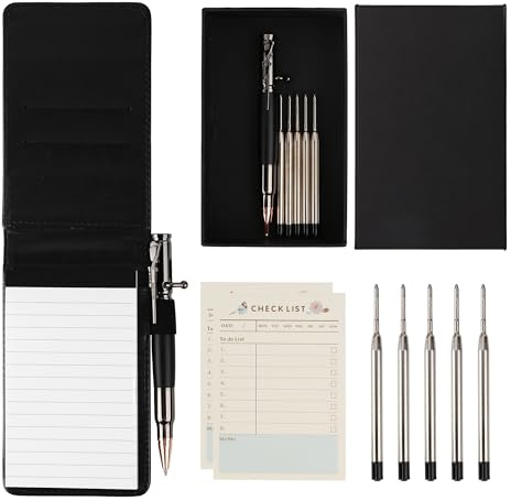 SMOOTHERPRO Mini Notizblock A7 Halter Bolt Action Stift Set 9 Stück-Schwarz | 5 Stiftminen, 50 Blatt Notizbuchpapier, 60 Blatt Aufgabenlisten, 60 Blatt Wochenplaner, für Büro, Schule