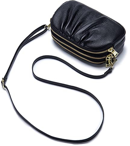 FORRICA Cartera Mujer Bolso de Teléfono Móvil Cuero Genuino Pequeño Crossbody Bag Bolso Bandolera Monedero con 3 Cremallera Compartimentos Negro