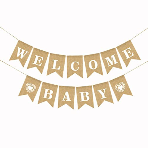 Vintage Leinen Welcome Baby Banner Willkommen Baby Banner Rustikal BuchstabenJute Wimpel Girlande 2.8 M Haus Dekoration für Zuhause, Party, Empfang, Babyparty Wimpelkette Wimpeln babyshower