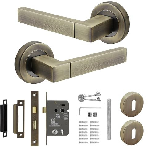Decoranddecor Lumina Internal Square Door Handles Lever On 54mm Rose - Aluminium - Antique Brass - Sash Lock Kit