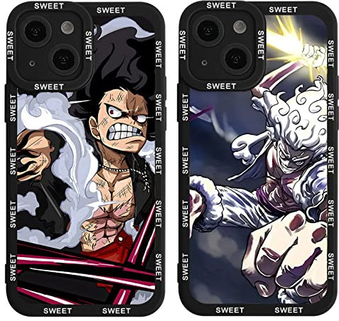 Eouine Pack of 2 Protective Cases for Apple iPhone 13 6.1 Inch Anime Boys One Piece Luffy Monkey D Mobile Phone Case Manga Cool Pattern Case All Inclusive Lens Design Shockproof iPhone 13/iPhone 14