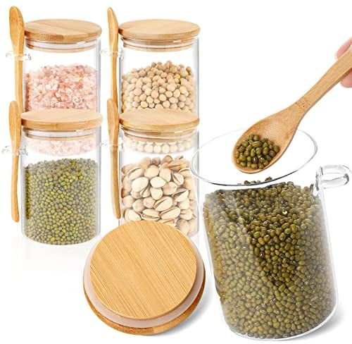 mossFlos 4PCS Glass Jars, 500ml Glass Storage Jars Containers, Airtight Glass Canister with Natural Bamboo Lid and Spoon, Borosilicate Glass for Coffee, Tea, Sugar, Candy, Bath Salt (Cylinder)