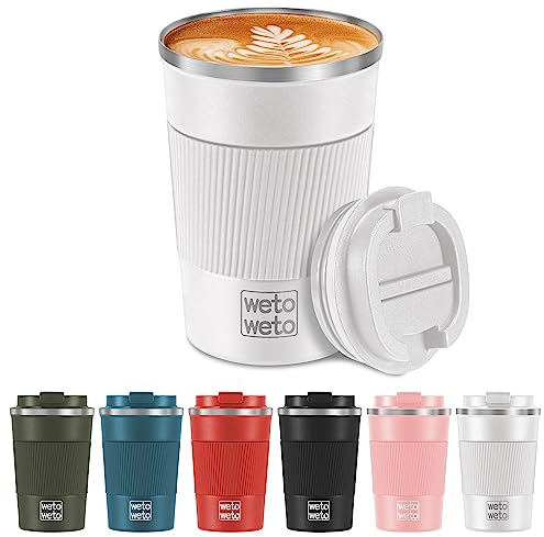 WETOWETO 12oz Travel Mug, Insulated Reusable Coffee Cup with Leak Proof Lid, Stainless Steel Travel Coffee Mug Portable Coffee Mug for Hot and Cold Water Coffee(White)