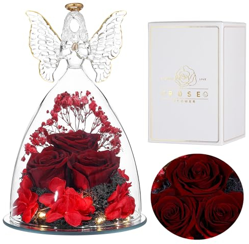 Eaprala DREI Konservierte Rosen Geschenk in Glas Engelsfiguren, Geburtstagsgeschenke für Frauen, Engel Geschenke für Sie auf Jahrestag,Weihnachten,Valentinstag.WeinRot