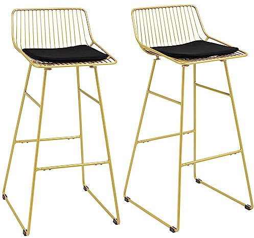 HOMCOM Lot de 2 Tabouret de Bar Design Chaise Haute pour Bar Bistro Acier Filaire doré avec Coussin Noir - élégance et Confort - Repose-Pieds - Convient pour Tables de 104-109 cm