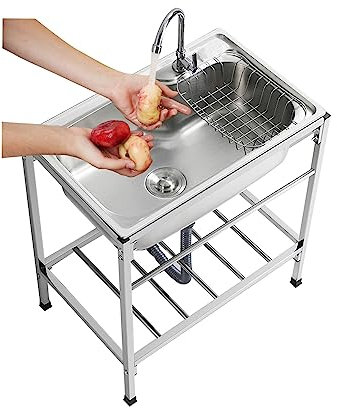 Carré Évier Sur Pieds En Acier Inox Pour Restaurant, Indépendant Évier De Cuisine Avec Robinet, Lavabo Commercial De Cuisine Antis-Eclaboussures, Antirouille, Facile À Installer