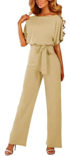 amropi Damen Kurzarm O-Ausschnitt Elegant Lang Jumpsuit Overall Hosenanzug Playsuit Romper Beige,M