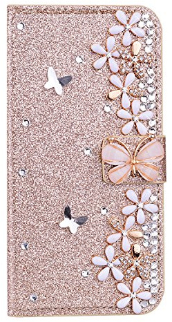 Leder Handyhülle Bling Schutzhülle Lederhülle Strass Diamant Hülle Flip Cover für Samsung Galaxy S9 Hülle Glitzer PU Schutzhülle Kreditkarteninhaber Kippständer Klapphülle Gold Bling Blumen