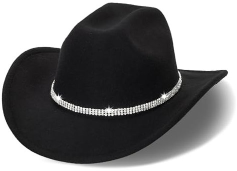 Unisex Westernhut aus Filz, Cowboyhüte – klassischer brauner Cowgirl-Hut mit breiter Krempe und glänzendem Strassband, Schwarz, 3 Diamanten, Medium