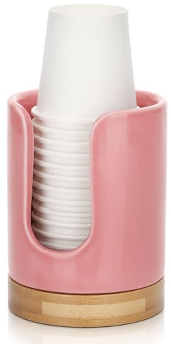 Soleebee Distributeur de gobelets en céramique pour gobelets jetables, distributeur de gobelets en carton pour eau et rince-bouche, porte-gobelet en céramique avec base en bambou pour salle de bain,