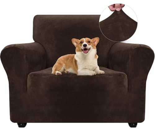 Ystyle Samt Sofabezug 1 Sitzer, Stretch Sofa Überzug, Sofaschoner rutschfest, Elastischer Couch Überzug, Sofa Cover Mit Armlehnen, Sesselschoner Sofaschutz Katze Sesselbezug, Kaffee