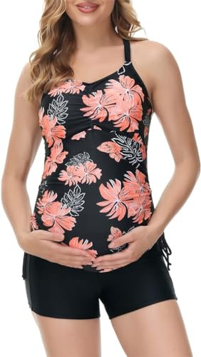 Costume da bagno premaman Tankini Fashion Ultra Soft Smooth Fabric Costume da bagno per la maternità, Fiori neri., L