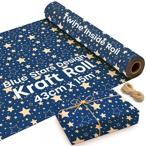Blauer Kraftpapier Rolle mit Stern-Design - 15 m x 43 cm Geschenkpapier Rolle mit 2 Jute Schnüre - Braunes Packpapier, Ideal als Geschenkpapier Rolle & Weihnachtspapier Geschenkpapier