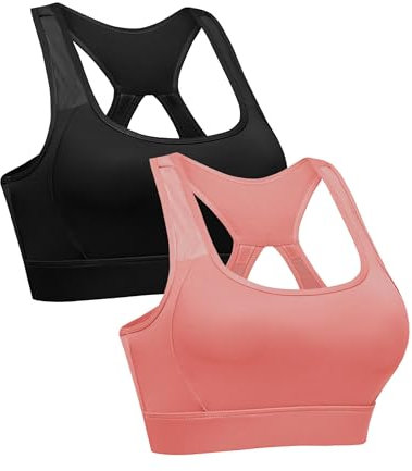 Litherday Sport BH Damen Push Up Sports Bra Starker Halt Sports Bustier ohne Bügel mit Gepolstert für Yoga Fitness Schwarz+Rosa XL