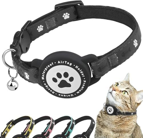 Airtag Katzenhalsband Breakaway, Reflektierendes Kätzchenhalsband mit Airtag-Halterung und Glocke, Bequeme Polsterung, Verstellbar, Langlebig, Passend für Katzen(Schwarz)