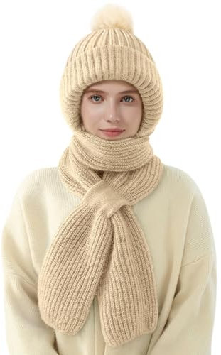 CMTOP Kapuzenschal Damen Winter Multifunktionale Mützenschal Damen Integrierter Schalmütze Ohrenschutz Winddichte 2 in 1 Wintermütze und Schal Damen(Helles khaki,Einheitsgröße)