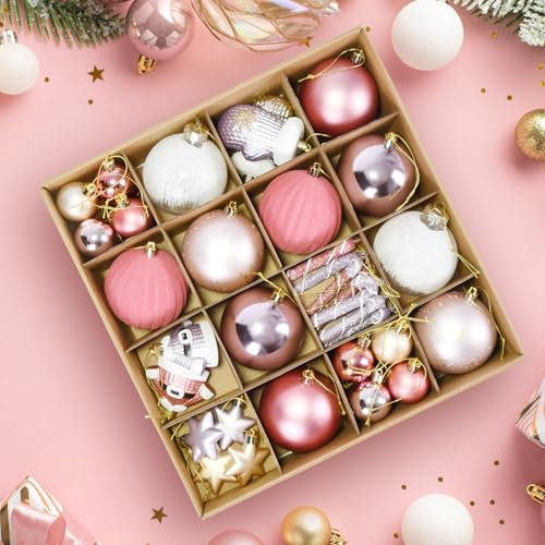40 Stück Weihnachtskugeln Set, Weihnachtsbaumkugeln Plastik für Weihnachten, Christbaumkugeln Kunststoff,Weihnachtsornament Aus Kunststoff,Christbaumkugeln Set mit Hängeschleife(Silber Rosa Lila)