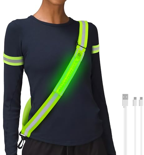 HENMI Lauflicht Joggen mit Reflektoren Gürtel,(mit 2 Stück Reflektorbänder) LED Wiederaufladbare USB Verstellbarer Lauflicht,für Radfahren oder Wandern Joggen Laufen Running Outdoor Sports-Grün