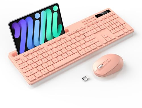 Wireless Keyboard and Mouse Combo, Soueto 2.4G Full-Sized Computer Keyboard with Phone Tablet Holder, 22 Multimedia Shortcuts, Numeric Keypad, 6 Button Silent Mouse for Windows, Mac (Cherry Pink)