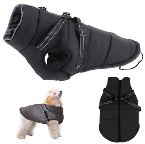 SPORWAY Winter Hundemantel Wasserdicht: Hundemantel Für Kleine Hunde mit Geschirr, Hundebekleidung & Zubehör, Hund Schneejacke mit Reißverschluss Hundepullover Reflektierend Welpen Winterweste