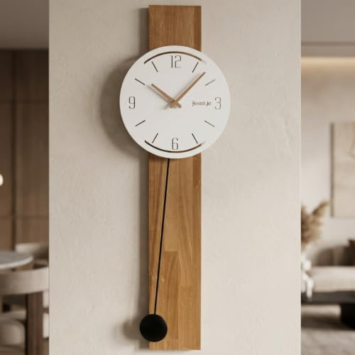 FLEXISTYLE Wanduhr groß ohne tickgeräusche Naturale modern Holz XXL Eiche Badezimmer Wohnzimmer mit pendel (Eiche, Weiß)