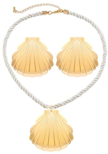 Gold Beach Shell Pendant Necklace Earrings for Women,Ocean Style Beach Party Shell Jewelry Set, Summer Vacation Bohemian Woven Rope Necklace, Surfer Jewelry Gift