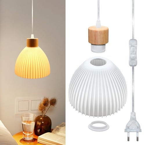 3D Gedruckte Hängelampe Kit mit Stecker, Lampenfassung E27 mit 500CM Transparent Kabe und Weiß 3D Lampenschirm, Pendelleuchte mit Stecker, Lampenkabel mit Schalter, Fassung mit Kabe, Moderner Stil