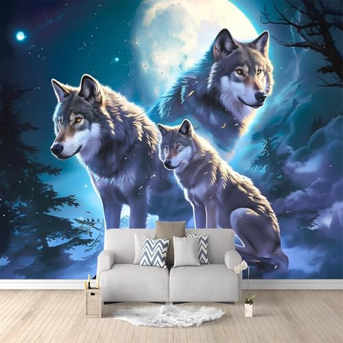 YarnAdventures Poster Geant Mural Personnalisé Paysage forestier au clair de lune avec trois animaux loups,Papier Peint Panoramique Soie Mural 3D pour Salon Chambre Décoration Murale,150x105cm