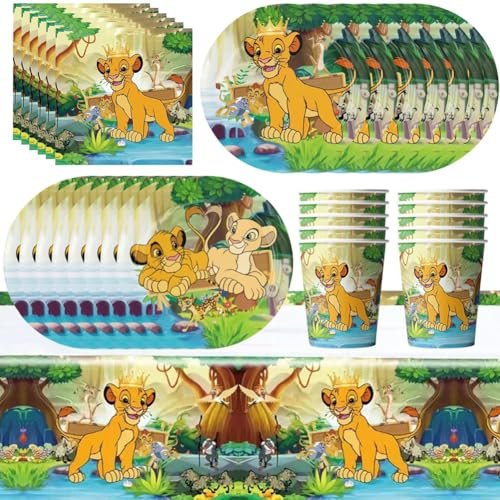 Vaisselle Anniversaire Le Roi Lion, 51pcs Décoration de Fête sur Le Thème du Roi Lion Jungle Animaux Ensemble de Vaisselle de Fête avec Assiettes Carton Serviettes Gobelets Nappes
