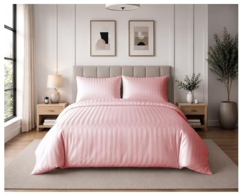 Home In Style 4U Super King Duvet Cover Sets Pink Satin Stripes Bedding | Reversible Hotel Bedding Duvet Cover Set with Pillowcases, Ultra Soft Breathable Hypoallergenic Quilt Bed Covers