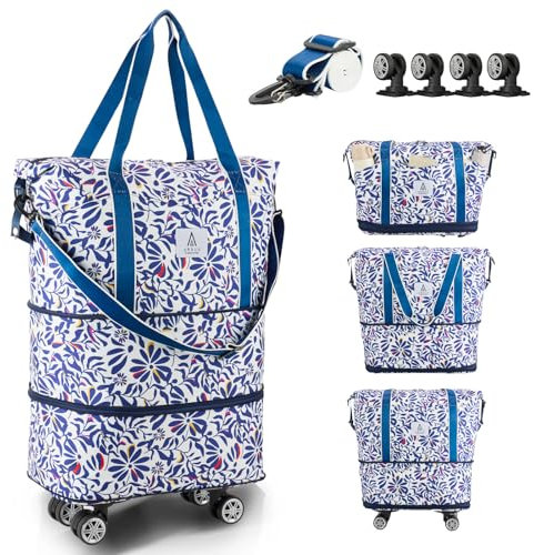 Arxus Rolling Duffle Bag with Detachable Wheels and Adjustable Shoulder Strap, Large Expandable Foldable Carry On Luggage Bag with Handle and Suitcase Sleeve, Weekender Bag for Travel Airplane