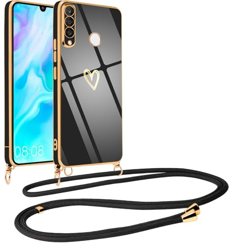 Vauki Coque pour Huawei P30 Lite avec Cordon de Collier, Galvanisé Etui Housse avec Motif Coeur d'amour, Antichoc Anti-Rayures Case avec Bandoulière pour Huawei P30 Lite 6.15, Noir