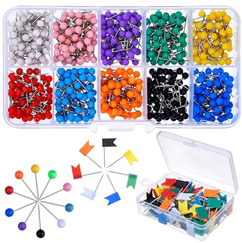 YOYEAH 700 Stück Map Pins Stecknadeln bunt Set mit Aufbewahrungsbox, Rundkopfnadeln | Markierungsfahnen, Groß 1/8 Zoll für DIY, Wandkarten, Pinnwände | Pinnwand Pins Anstecker