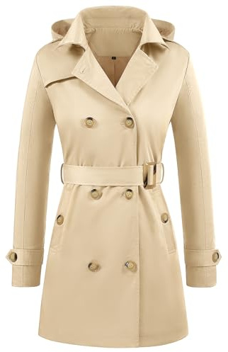 Yuson Girl Trench Donna Doppiopetto Cappotto Classico Trench Impermeabile con Cappuccio Leggero Parka Windbreaker Giacche Primaverile Autunnale Antivento Trenchcoat con Cintura(Cachi, L)