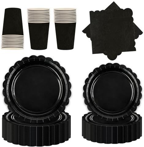 HFBOBP Partygeschirr 80 Stück Schwarz Geburtstag Deko,gewellter Rand Pappteller Becher Servietten Partyset Süße Party für Geburtstage Hochzeit Party Tischdeko 20 Gäste