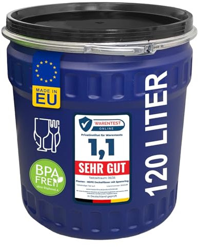 plasteo® 120 Liter Weithalsfass mit Deckel und Spannring, Lebensmittelecht und BPA-Frei, Futtertonne Kunststofffass Deckelfass Regentonne Lagerfass Sauerkrautfas, Stapelbar und Palettengerecht, Blau