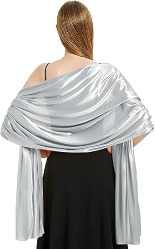 JOZMMZEOOA Scialle Stola Donna 200 * 70cm Sciarpa Donna Elegante Tessuto Satinato Satin Stola dell'Involucro, Adatto per Feste Serali, Matrimoni, Feste e Balli (Argento chiaro)