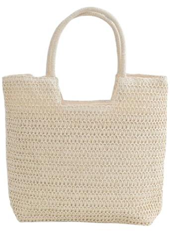 Wrbugukeji 1Pcs Beach Bags for Women, Large Capacity Woven Bag, Straw Beach Bag with Zip, Closure Inner Pocket Travel Shopping Picnic(Off-White