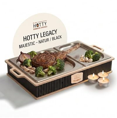 INEXTERIOR – Hotty Legacy Warmhalteplatte zum Grillen – BBQ Warmhaltebehälter für Speisen – Grillgut Stövchen – Speisenwärmer mit Teelicht – BBQ-Board für Grillpartys (All Black, L, personalisierbar)