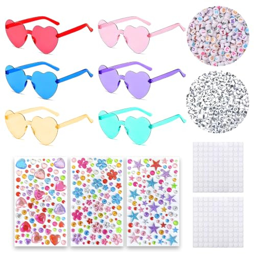 LURVOUS 6 Stück Herz Brille, DIY Herzbrillen Set mit Dekorativen Accessoires, Transparente Randlose Hippie Herzform Brille, Bunte Partybrillen in Herzform für Hochzeit Karneval Geburtstagsfeier